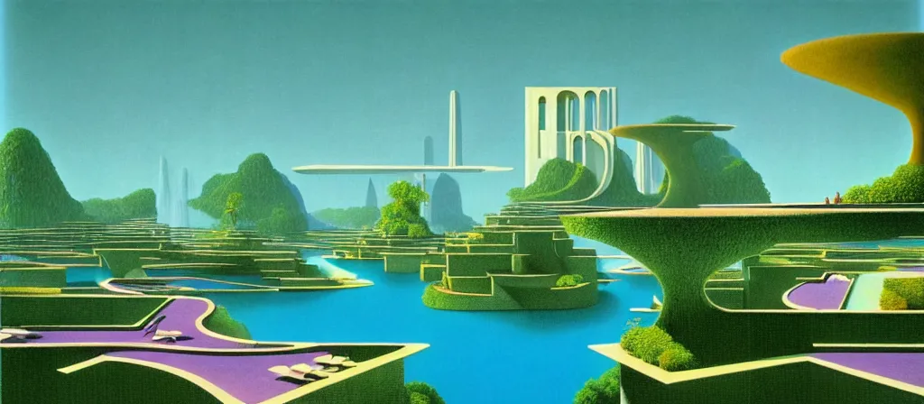 Prompt: huge gargantuan angular dimension of infinite poolsides, buildings by escher and ricardo bofill. utopian landscape by roger dean. magical realism, surrealism, waterfalls, clouds, mallsoft, vaporwave, trending on artstation, shot from below, epic scale