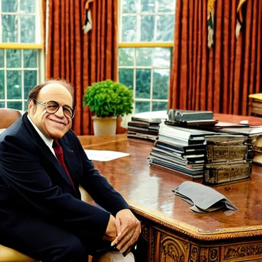 Image similar to portrait of president danny devito!!! sitting in his chair behind the desk in the oval office, annie leibovitz, studio lighting, frank