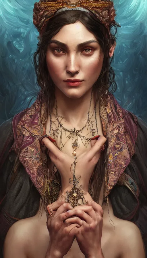 Prompt: fortune teller, passionate , seductive, sweaty, intricate fashion clothing, insane, intricate, highly detailed, digital painting, artstation, concept art, smooth, sharp focus, illustration, Unreal Engine 5, 8K, art by artgerm and greg rutkowski and alphonse mucha