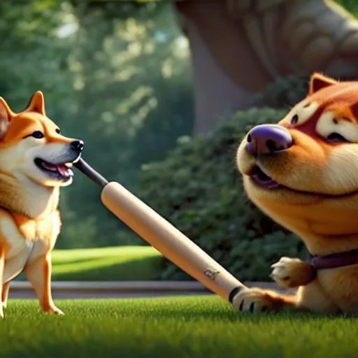 Prompt: weta disney pixar movie still photo of funny shiba inu with baseball bat : : dog by pixar : : giant sign that says bonk : : by weta, greg rutkowski, wlop, ilya kuvshinov, rossdraws, artgerm, octane render, iridescent, bright morning, anime, liosh, mucha : :