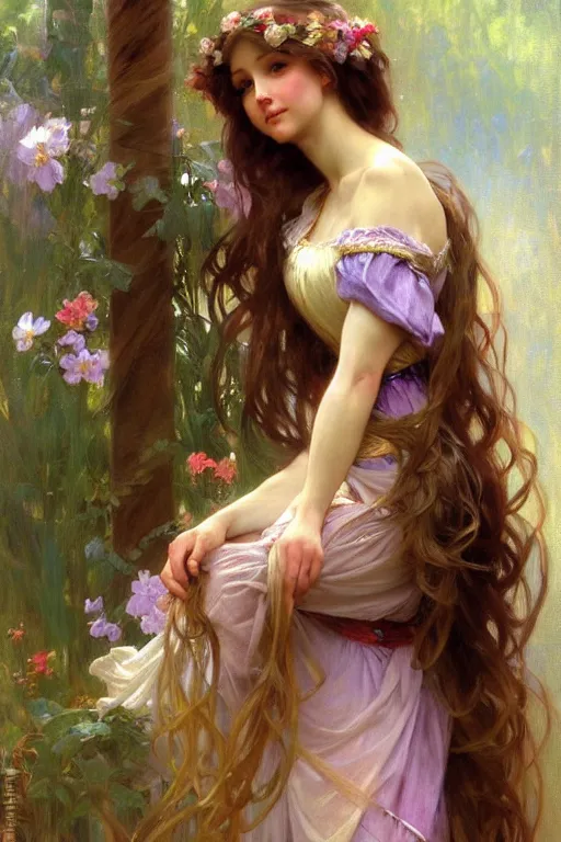 Image similar to rapunzel, painting by daniel gerhartz, alphonse mucha, bouguereau, detailed art, artstation