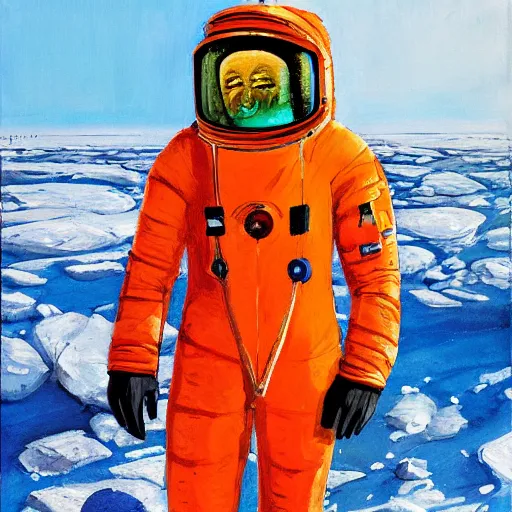 Prompt: man in orange polar astronaut suit standing in the arctic, painterly