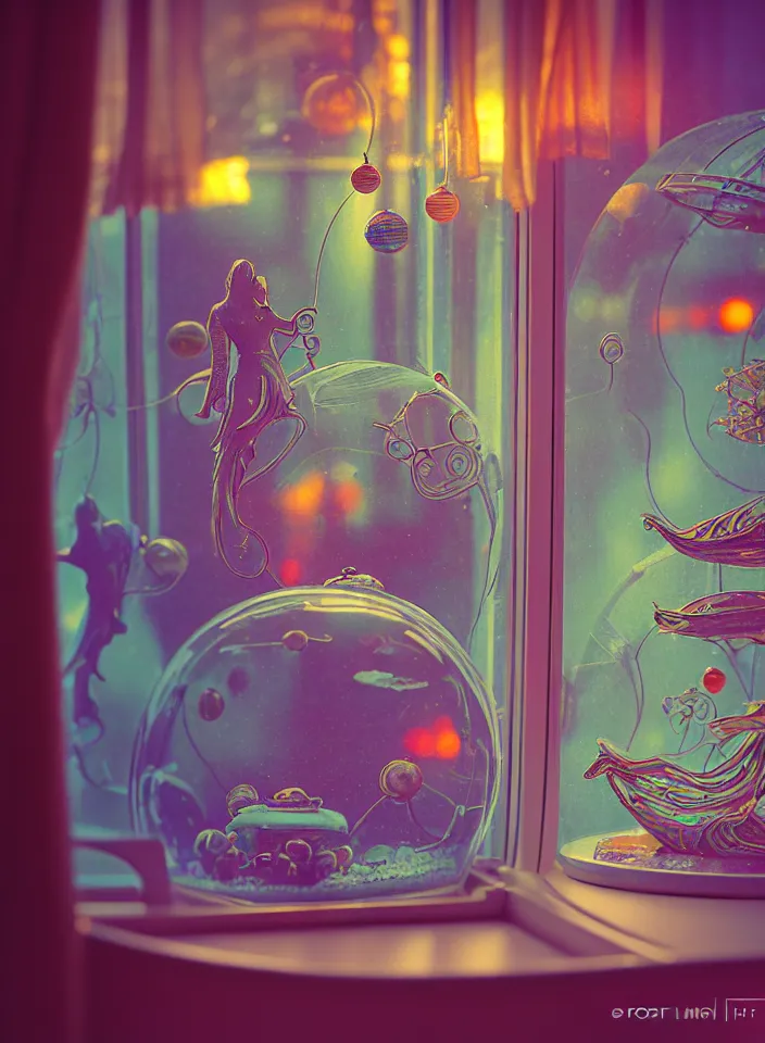 Prompt: telephoto 7 0 mm f / 2. 8 iso 2 0 0 photograph depicting the feeling of chrysalism in a cosy safe cluttered french sci - fi ( art nouveau ) cyberpunk apartment in a pastel dreamstate art cinema style. ( ornaments ) ( ( fish tank ) ), ambient light.