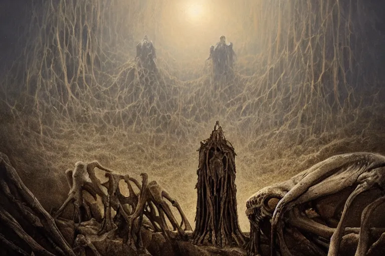 Image similar to amazing concept painting, by Jessica Rossier and HR giger and Beksinski, prophecy, hallucination, the middle of a valley, a golem of bones, it was full of bones, bones that were very dry, there was a noise, a rattling sound, and the bones came together, bone to bone , I looked, and tendons and flesh appeared on them and skin covered them, but there was no breath in them and breath entered them, they came to life and stood up on their feet a vast army
