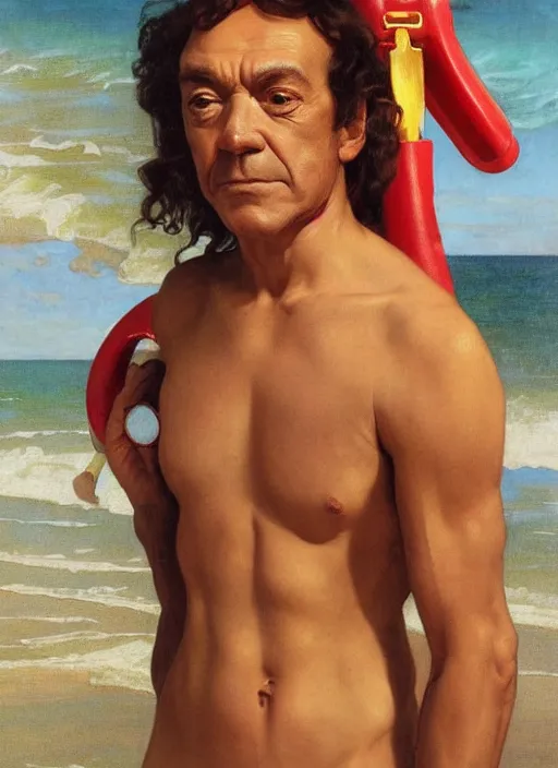 Image similar to portrait hector salamanca as sea lifeguard on the beach, full length shot, shining, 8k highly detailed, sharp focus, illustration, art by artgerm, mucha, bouguereau