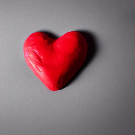 Image similar to 3d render of a badly formed red putty heart shape in the middle of a gray sheet of paper