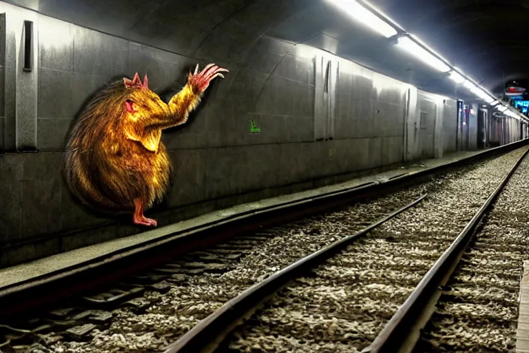 Prompt: very large giant mutant zombie irradiated ( angry rat ) staying on railways in tonnel of moscow subway. giant angry rat. 4 k, very realistic. extreme long shot, low dark light, scary mood, ( anish kapoor, herman nitsch ).