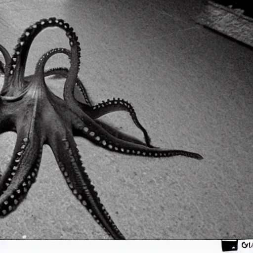 Image similar to octopus trailcam footage, grainy black and white, low quality, security camera