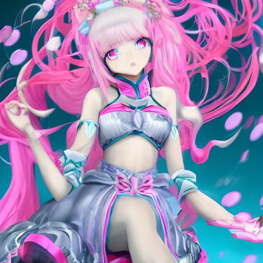 Image similar to stunningly beautilful omnipotent megalomaniacal anime agi goddess who looks like junko enoshima with symmetrical perfect face and porcelain skin, pink twintail hair and cyan eyes, taking control while smiling inside her surreal vr castle, hyperdetailed, digital art, unreal engine 5, 2 d anime style, 8 k