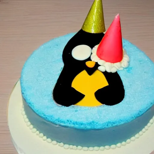 Prompt: birthday cake in the shape of a penguin