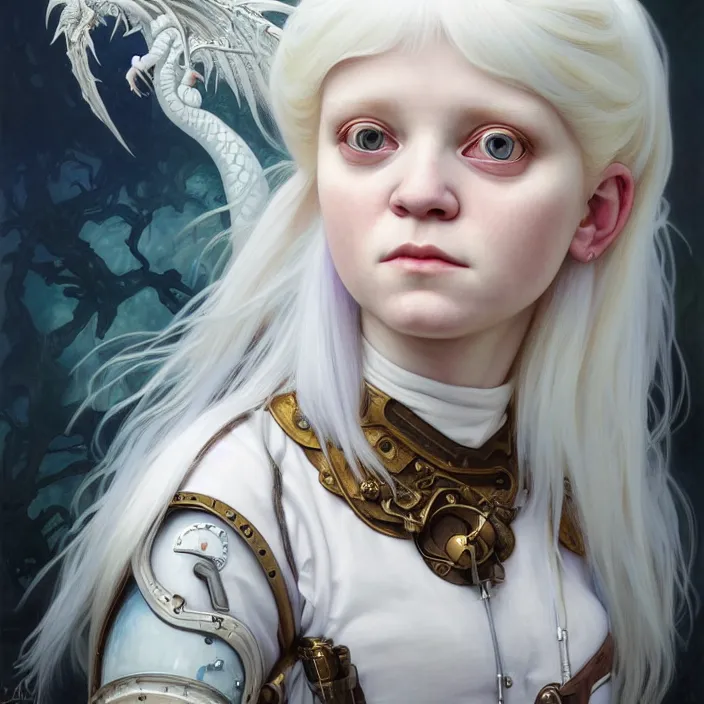 Image similar to excellent painted portrait of a albino girl with white hair and a fringe, steampunk art, with a nordic white dragon flying on the background, character artwork, 8k resolution artwork, trending on artstation, detailed oil painting portrait, art by artgerm and greg rutkowski and alphonse mucha and craig mullins and James Jean and Andrei Riabovitchev and Marc Simonetti and peter mohrbacher, matte painting