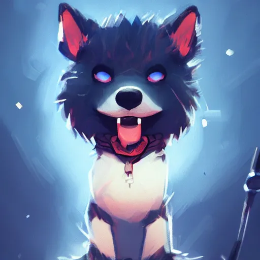 Image similar to portrait of an anthropomorphic puppy knight, puppy face, dark blue fur, angry look, ready for battle, mattepainting concept blizzard pixar maya engine on cold night stylized background splash comics global illumination lighting artstation lois van baarle, ilya kuvshinov, rossdraws