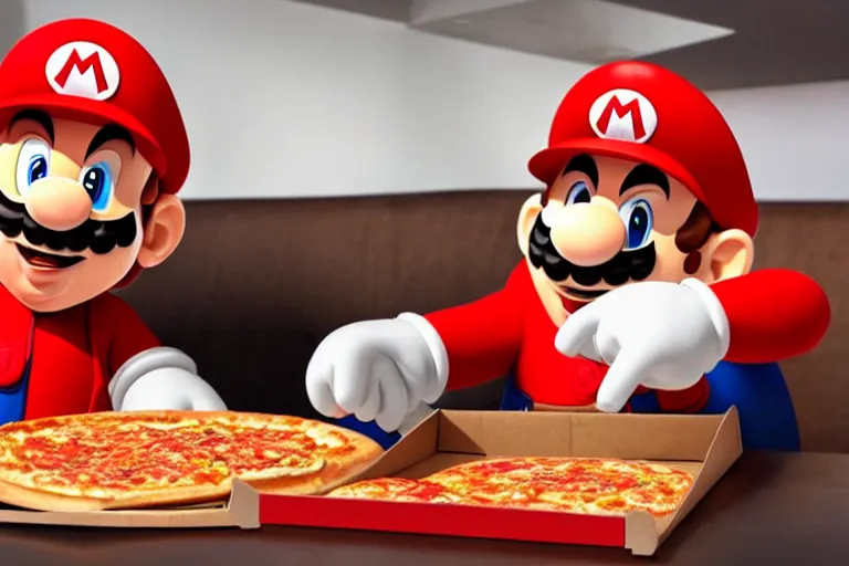 Image similar to a real life mario ordering pizza in pizza hut