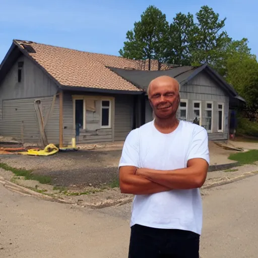 Image similar to a man standing proudly in front of a really badly built house