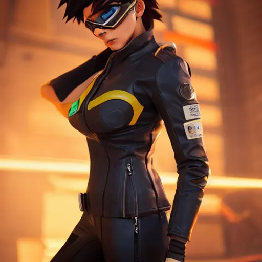 Prompt: a full body portrait of tracer from overwatch wearing skintight leather jacket, trending on artstation, artstationhd, artstationhq, full body shot, octane render, unreal engine, 3 d render detailed body, detailed face, artwork by tooth wu and wlop and beeple and greg rutkowski