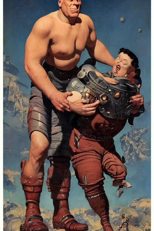 Image similar to 5 0 s pulp scifi fantasy illustration full body portrait martyn ford as huge troll wearing space armour and carrying a woman, by norman rockwell, roberto ferri, daniel gerhartz, edd cartier, jack kirby, howard v brown, ruan jia, tom lovell, frank r paul, jacob collins, dean cornwell, astounding stories, amazing, fantasy, other worlds