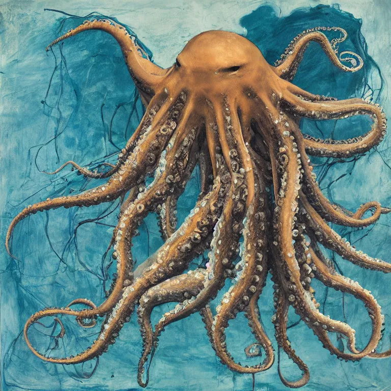 Image similar to Hyperrealistic Studio wet collodion Photograph portrait of a deep sea Giant Octopus deep underwater in darkness, award-winning nature deep sea expressionistic impasto heavy brushstrokes oil painting by Cy Twombly and Tim Hawkinson and anselm kiefer vivid colors hyperrealism 8k