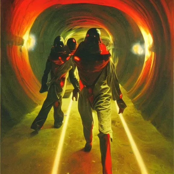 Prompt: two scientists wearing red rick owens hazmat suits in a glowing nebula wormhole tunnel by frank frazetta