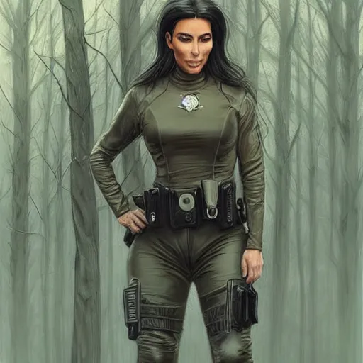 Image similar to kim kardashian as a cop wearing a police uniform, full body portrait, emotion scared, night time forest with a ufo sitting in the fog, pretty, aesthetic, dust molecules, matte detailed photo, DeviantArt, Artstation, by donato giancola, ralph horley, loish, ufo lighting