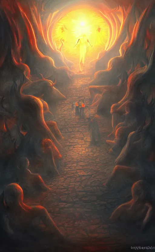 Image similar to Meeting God in Hell, digital art, trending on art station