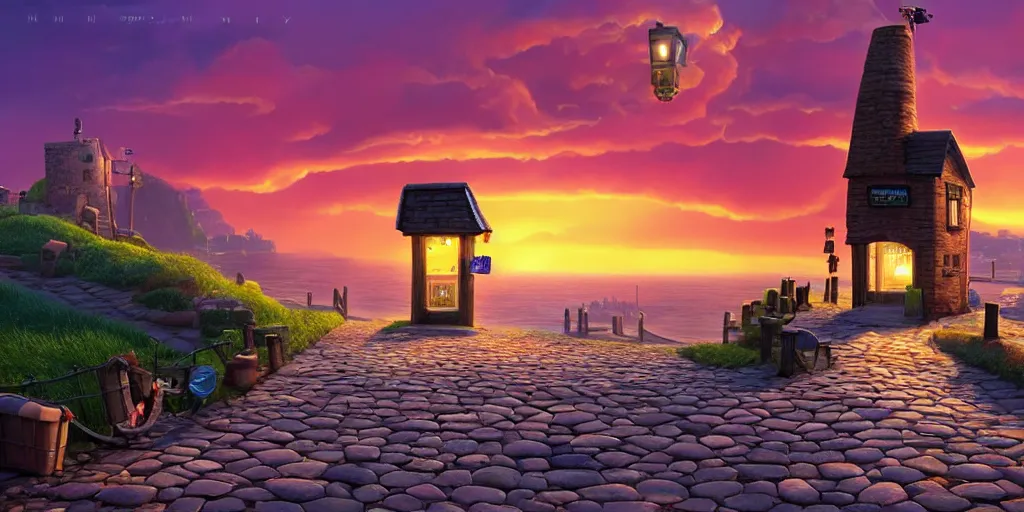 Prompt: epic professional digital art of a lonely cobblestone street with a kiosk on a cliff over the sea at sunset, highly detailed, pixar movie, in the style of toy story, trending at artstation
