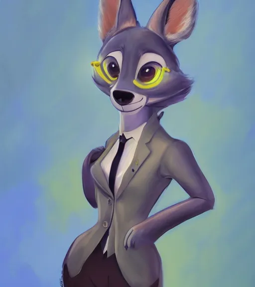 Image similar to oil painting of full body of anthromorphic female wolf, in style of zootopia, zootopia, zootopia, fursona, furry, furaffinity, 4 k, deviantart, furry art, fursona art, wearing black business suit, business suit, in style of zootopia, wolf fursona, cyberpunk, female, expressive detailed feminine face,