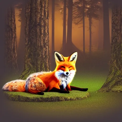 Prompt: photographic render of a fox with foxes on the background of the forest hyperrealistic 8k, very detailed