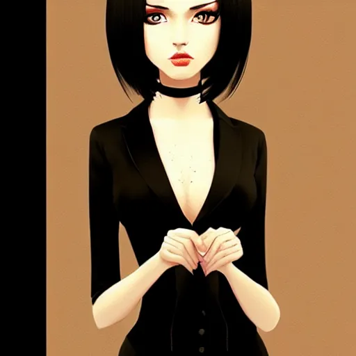 Image similar to slim killer girl in tuxedo with black bob hair, elegant, 2d, ultra highly detailed, digital painting, smooth, sharp focus, artstation, art by Ilya Kuvshinov