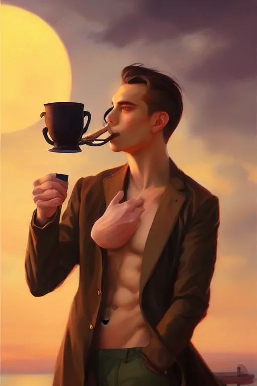 Prompt: attractive man drinking tea, sunset, painting by ross tran, j. c. leyendecker, tom of finland, trending on artstation