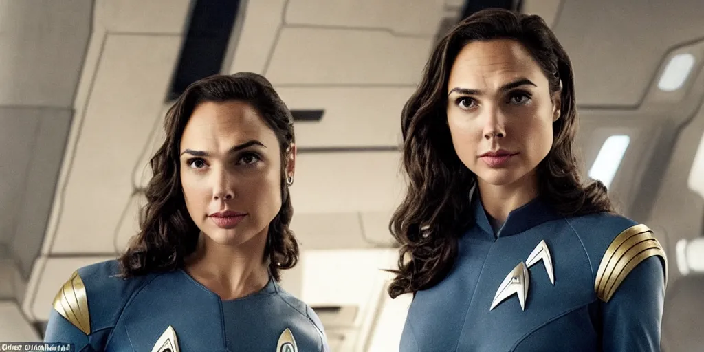 Image similar to gal gadot, in full starfleet uniform, is the captain of the starship enterprise in the new star trek movie