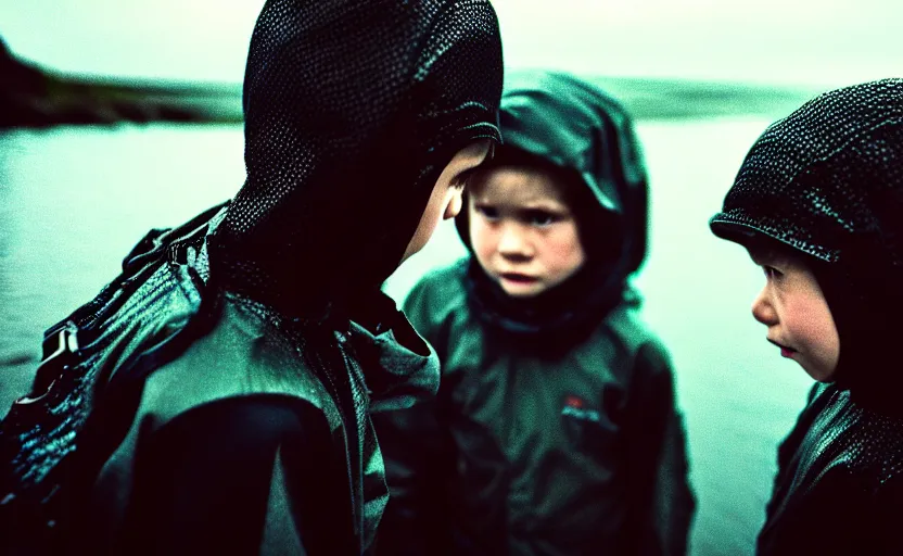 Image similar to cinestill 5 0 d candid photographic portrait by helen levitt of two child androids wearing rugged black mesh techwear in treacherous waters, extreme closeup, modern cyberpunk moody depressing cinematic, pouring rain, 8 k, hd, high resolution, 3 5 mm, f / 3 2, ultra realistic faces, ex machina