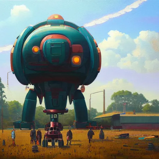 Image similar to an intricate oil painting of a giant anime robot with rounded and circular parts by simon stalenhag