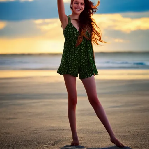 Prompt: A cute young woman, long shiny bronze brown hair, green eyes, cute freckles, smug smile, golden hour, beach setting medium shot, mid-shot,-n 9