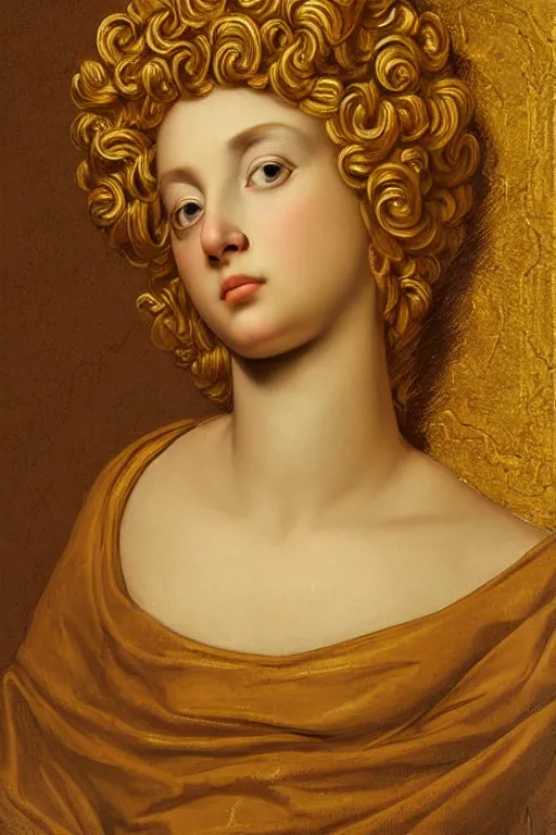 Prompt: Ruth, face closeup, ultra detailed, gold, dressed in roman clothes, ultra detailed, art by Guido Reni style