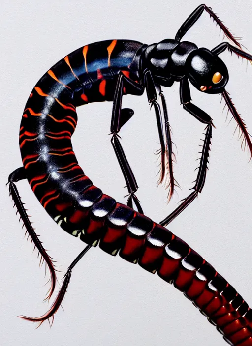 Image similar to beautiful matte airbrush portrait of a scolopendra on a white background, 8 0's airbrush aesthetic, art by pater sato