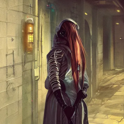 Image similar to a beautiful realistic portrait of a cyberpunk priestess in a dark alley