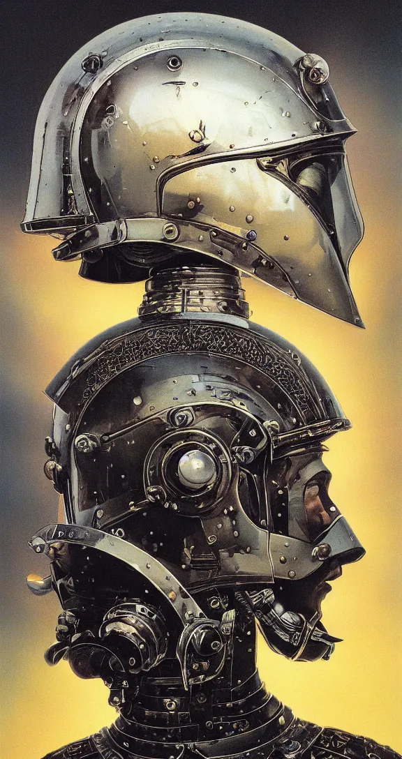 Image similar to beautiful extreme closeup portrait photo in style of frontiers in helmet Helmets of Emperor Charles V the Wise science fashion magazine September retrofuturism edition, highly detailed, soft lighting, elegant , lighting, 35mm , Edward Hopper and James Gilleard, Zdzislaw Beksinski, Steven Outram, highly detailed
