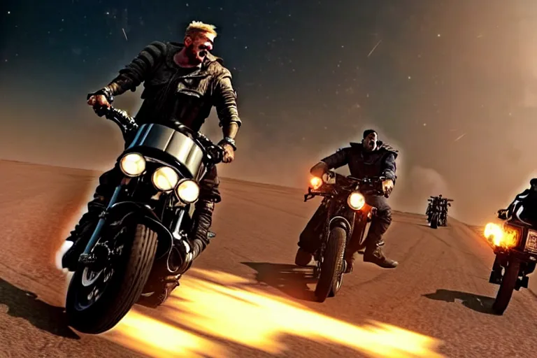 Image similar to mad max riding his Interceptor in space, fighting mutants on space bikes, action-scene, very detailed, high octane