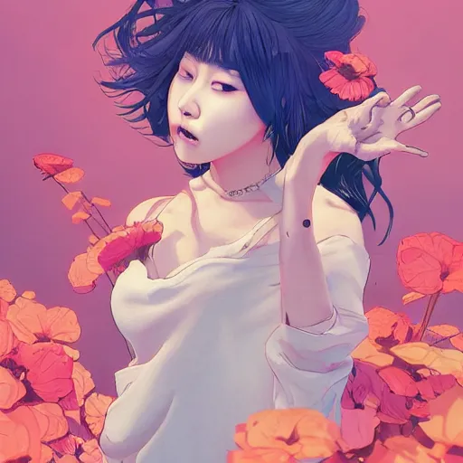 Image similar to portrait of a kpop star, smiling with flowers in hands. sharp focus, cinematic pose, cinematic lighting, unreal engine render. art by josan gonzales and moebius and deathburger.