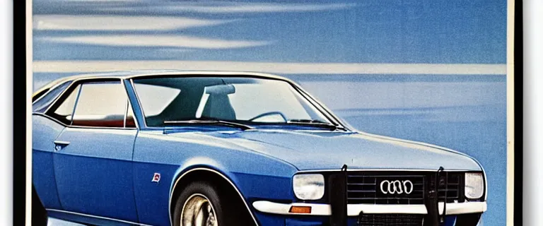 Image similar to denim blue audi camaro b 1 ( 1 9 6 7 ), 8 0 s retro poster, establishing shot