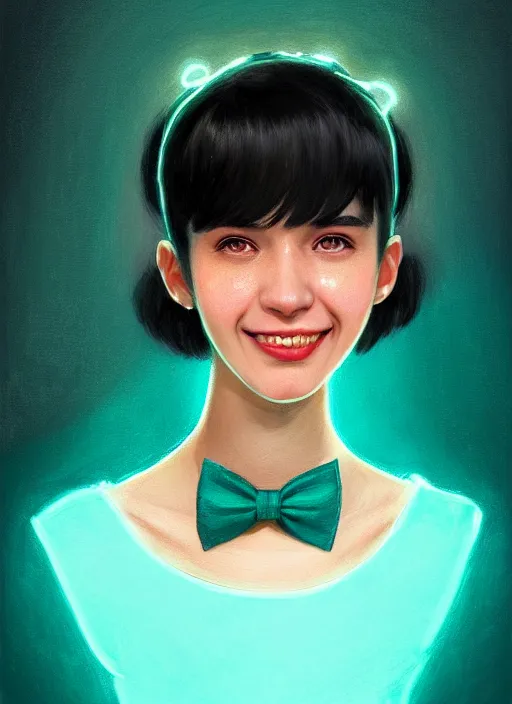 Image similar to portrait of high school girl, realistic, black hair, bangs, half updo hairstyle, pointy nose, skinny, smile, ugly, defined jawline, big chin, teal hair bow, earrings, intricate, elegant, glowing lights, highly detailed, digital painting, artstation, sharp focus, illustration, art by wlop, mars ravelo and greg rutkowski