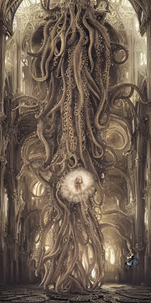 Prompt: group of mankind species mages with enormous octopus heads and jellyfish floating around inside an ancient mage castle hall colossal scale, gothic and baroque, brutalist architecture, ultradetailed, intricate details by Ellen Jewett and Ayami Kojima