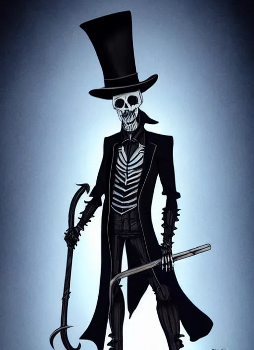 Image similar to DND character art, skeletal male figure, wearing a deep black suit!!! and tie and top hat, holding a gold! cane!. blue!!! flames!!