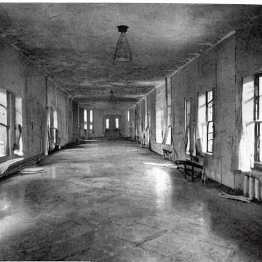Prompt: insane asylum interior, 1910s
