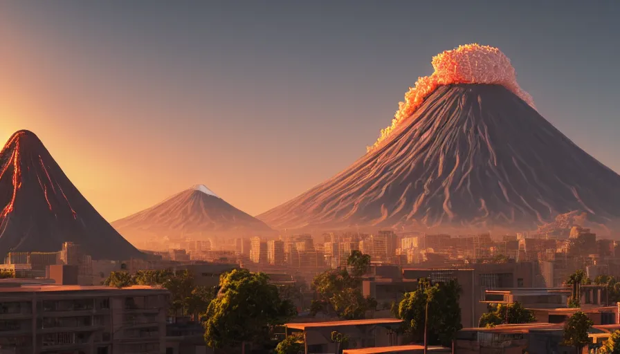 Image similar to giant volcano in center los angeles with buildings under construction around it, view from the river, sunset, sunlight, hyperdetailed, artstation, cgsociety, 8 k