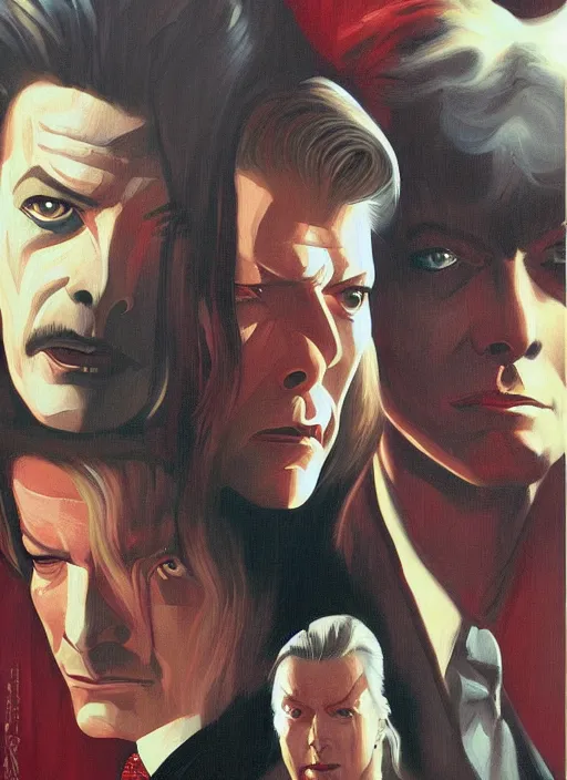 Image similar to twin peaks poster art, portrait of david bowie split by his dark side, by michael whelan, rossetti bouguereau, artgerm, retro, nostalgic, old fashioned