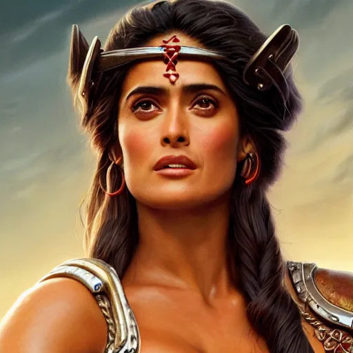 Image similar to a portrait of Salma Hayek as a barbarian, detailed, centered, digital painting, artstation, concept art, donato giancola, Joseph Christian Leyendecker, WLOP, Boris Vallejo, Breathtaking, 8k resolution, extremely detailed, beautiful, establishing shot, artistic, hyperrealistic, beautiful face, octane render