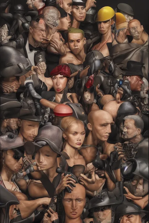 Image similar to place full of tunnel rats - pop art, hyperrealistic, smooth, by artgerm and richard hamilton and mimmo rottela and bob rafei and kazuma kaneko and bengus and yoshitaka amano, face features, human anatomy features, sharp focus, ultra realistic detail human composition, anatomy models details, multicultural race, incrinate