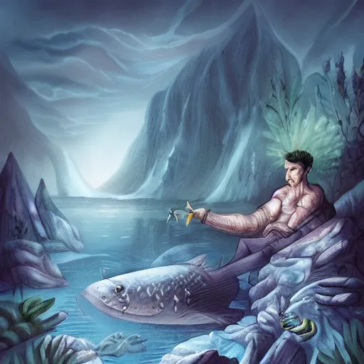 Prompt: handsome frankenstein in the lake, soft shading, fantasy illustration, gentle monster, beautiful monster