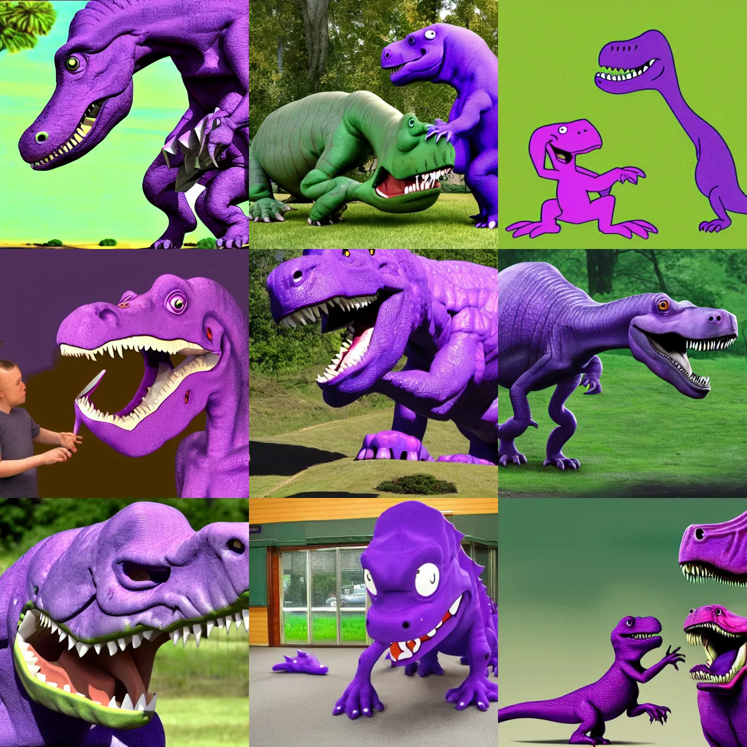 Prompt: barney the purple dinosaur is being eaten by a tyrannosaurus rex